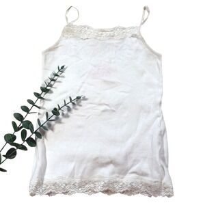 Y2K White Ribbed Lace Trim Camisole Spaghetti Strap Tank Top
